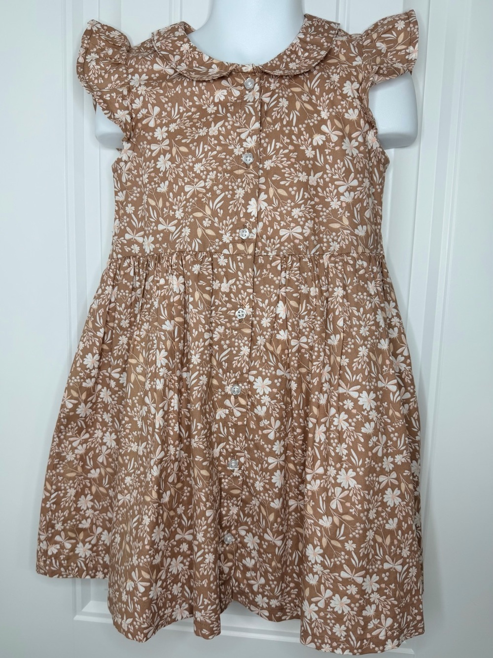 Girls Lucky Penny Brown/pink Flowers Button Front 100% Cotton Dress 4T